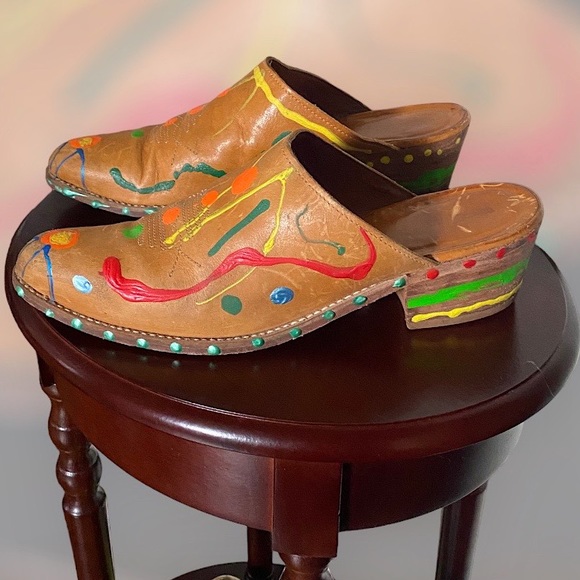 Hand Painted Vintage Leather Clogs - Unisex - Picture 1 of 16
